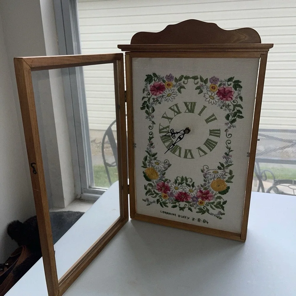Hand Made Cross Stitch Clock In Wood Shadow Glass Box Plug-In 10.5